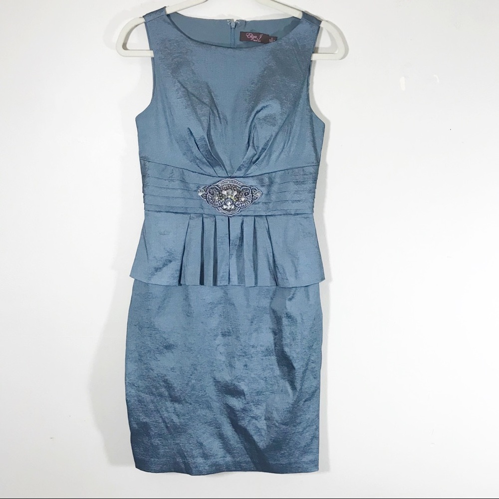 Eliza J blue silver sleeveless dress peplum brooch